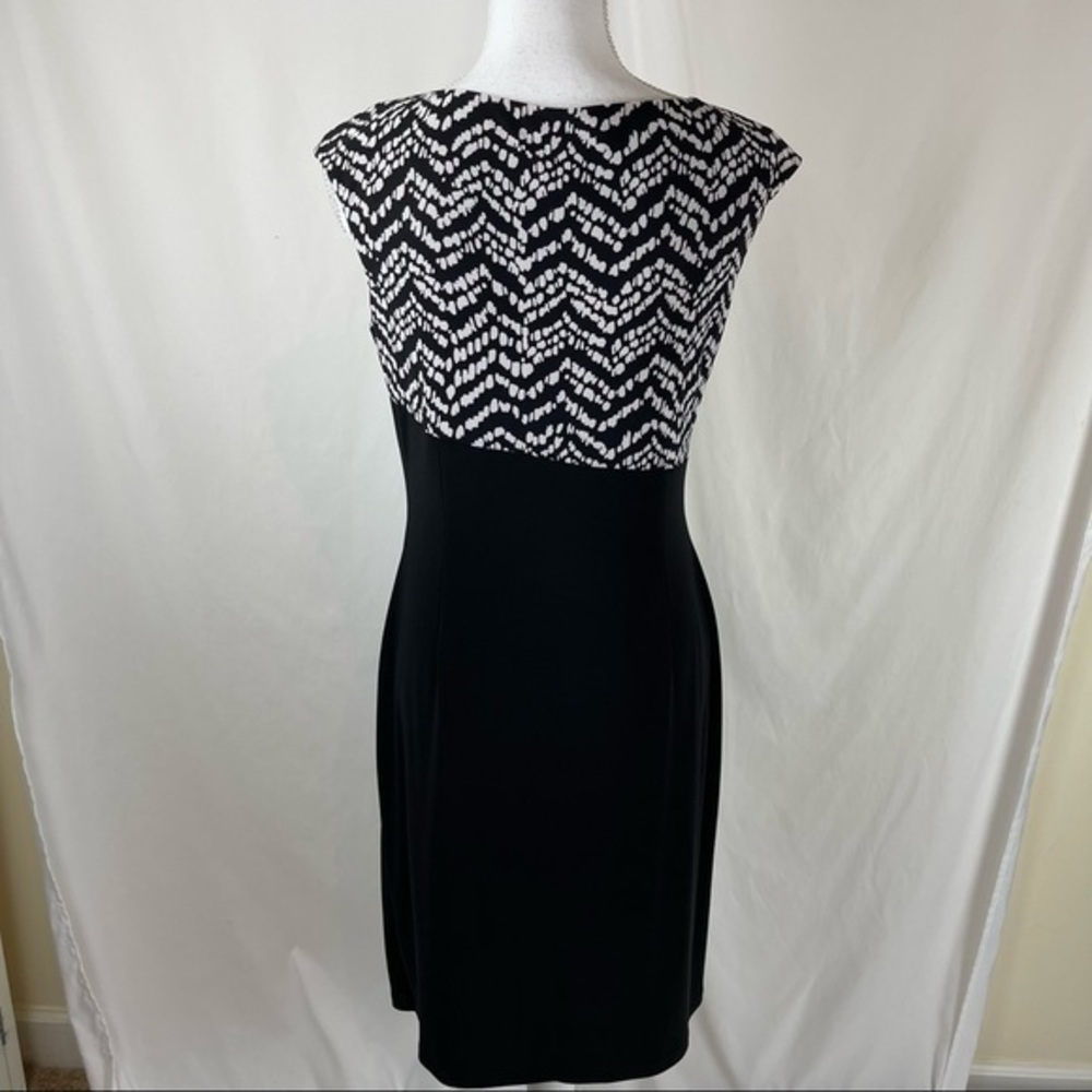 Chaps Black & White Fitted Faux Wrap Skirt Dress
